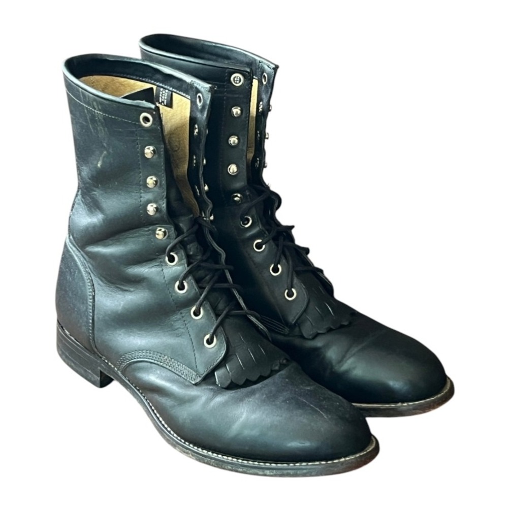 JUSTIN 506 ROPERS Black Leather Cowboy Lace-Up Boots Kiltie Lacer MEN'S 10-EE